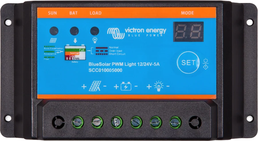 BlueSolar PWM Light 12/24 V 5 A — wyświetlacz trybu i przycisk SET