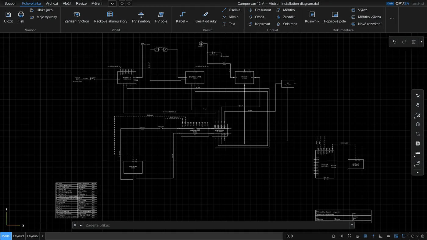 Okno programu CAD CPV24 se schématem instalace Victron v obytném voze 12 V