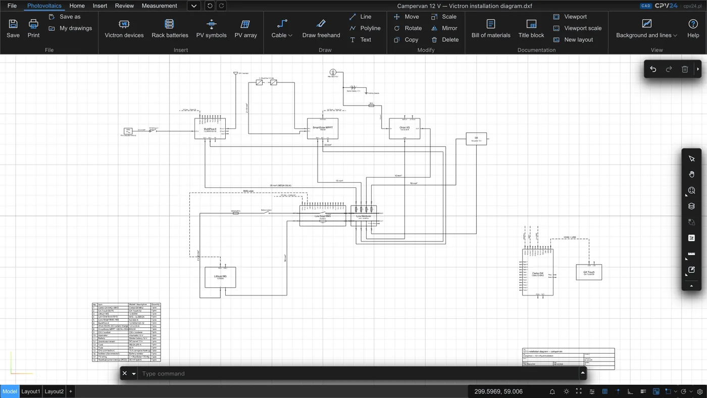 12 V campervan diagram in CAD CPV24 on a white background with black lines, with a summary table and title block