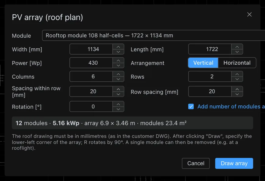 PV panel field window (roof plan): module dimensions and power, layout, columns, rows, gaps and field power summary