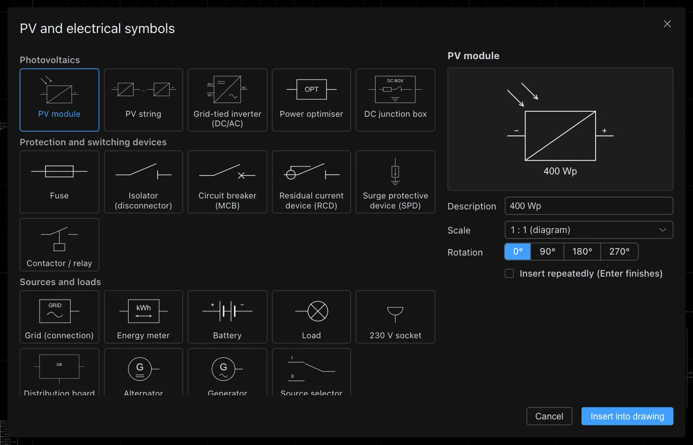 PV and electrical symbols window with groups for photovoltaics, protection devices and switches, sources and loads, busbars and connections