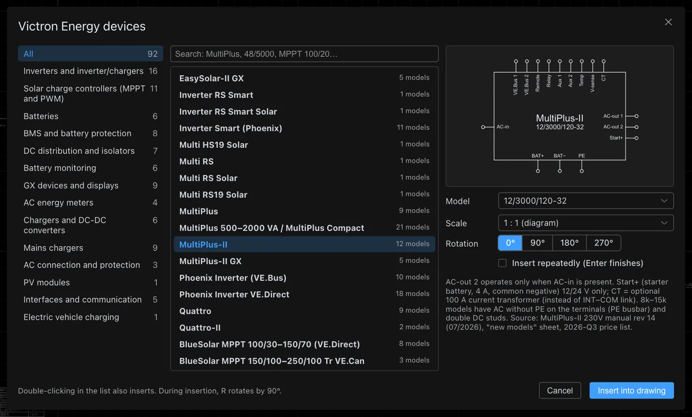 Victron Energy Devices window: list of device groups and families, MultiPlus-II model selection and symbol preview with terminals