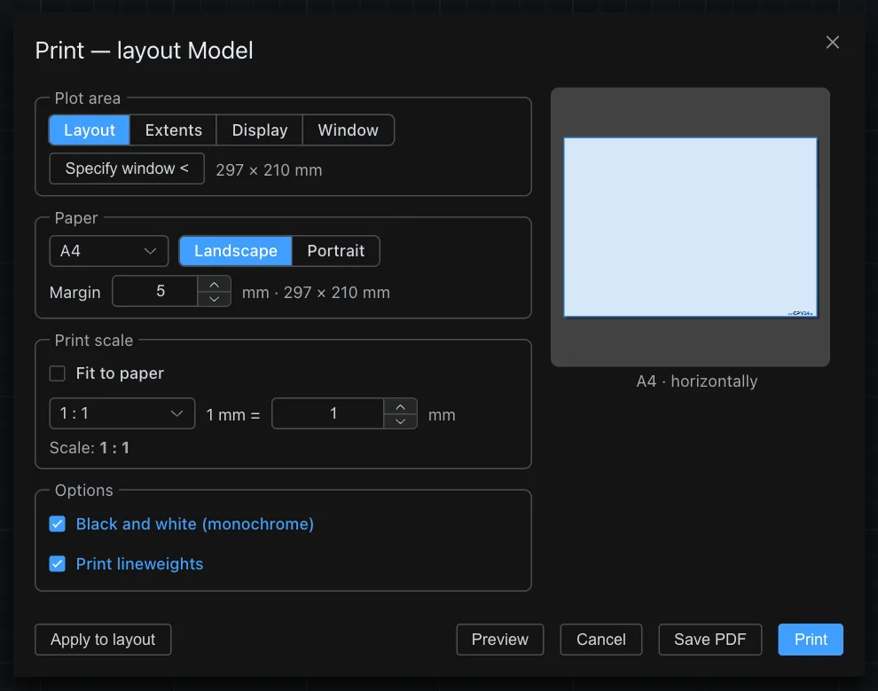Print window: print area, A4 paper, scale, black-and-white options and Save PDF button
