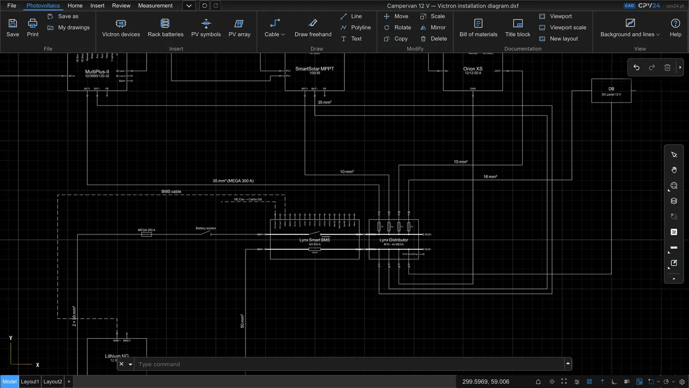 Fragment of a 12 V campervan diagram in CAD CPV24: MultiPlus-II, SmartSolar MPPT, Orion XS, Lynx Smart BMS and Lynx Distributor connected with cables and cross-section labels