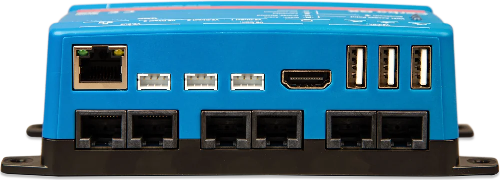 Tył Cerbo GX: Ethernet, VE.Direct, VE.Can, VE.Bus, HDMI, USB