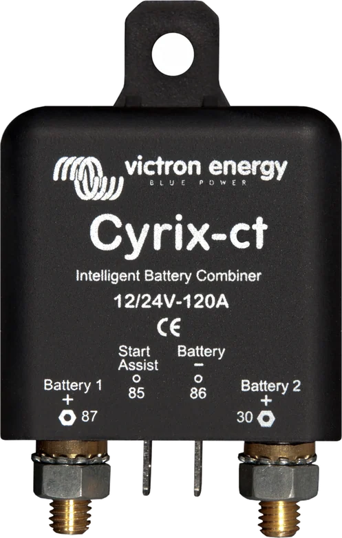 Cyrix-ct 12/24 V-120 A — łącznik akumulatorów z opisem zacisków Battery 1, Battery 2 i Start Assist