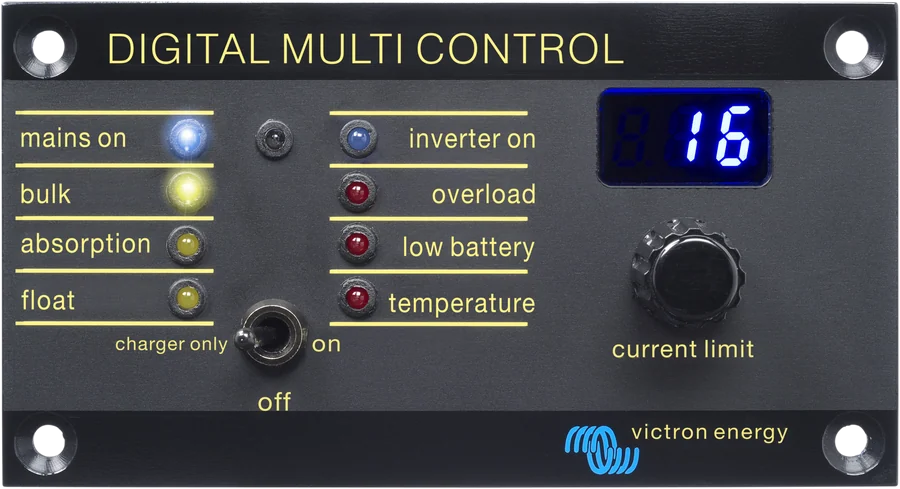Panel Digital Multi Control — diody mains on, bulk, absorption, float, inverter on, overload, low battery, temperature, przełącznik off / charger only / on i pokrętło current limit