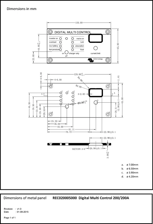 Rysunek wymiarowy panelu Digital Multi Control z instrukcji
