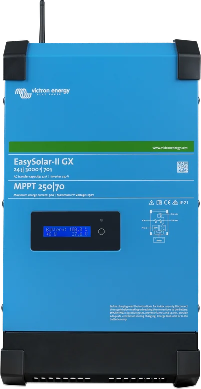 EasySolar-II GX 24 V 3 kVA — przód z wyświetlaczem i oznaczeniem MPPT 250|70
