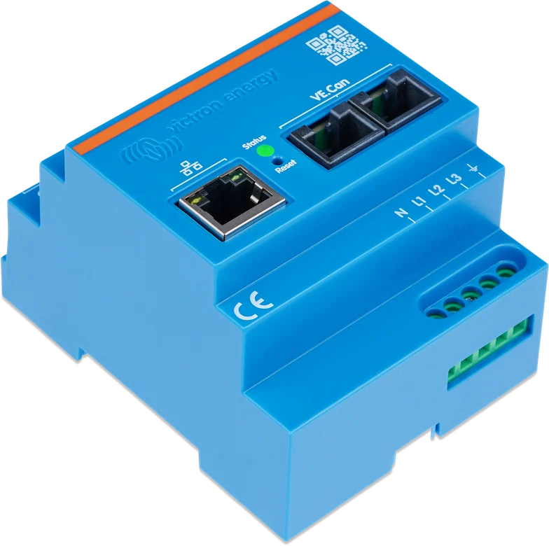 Energy Meter VM-3P75CT pod kątem — obudowa na szynę