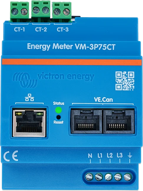 Energy Meter VM-3P75CT — wejścia przekładników CT-1, CT-2 i CT-3, port Ethernet, dwa gniazda VE.Can i zaciski N, L1, L2, L3