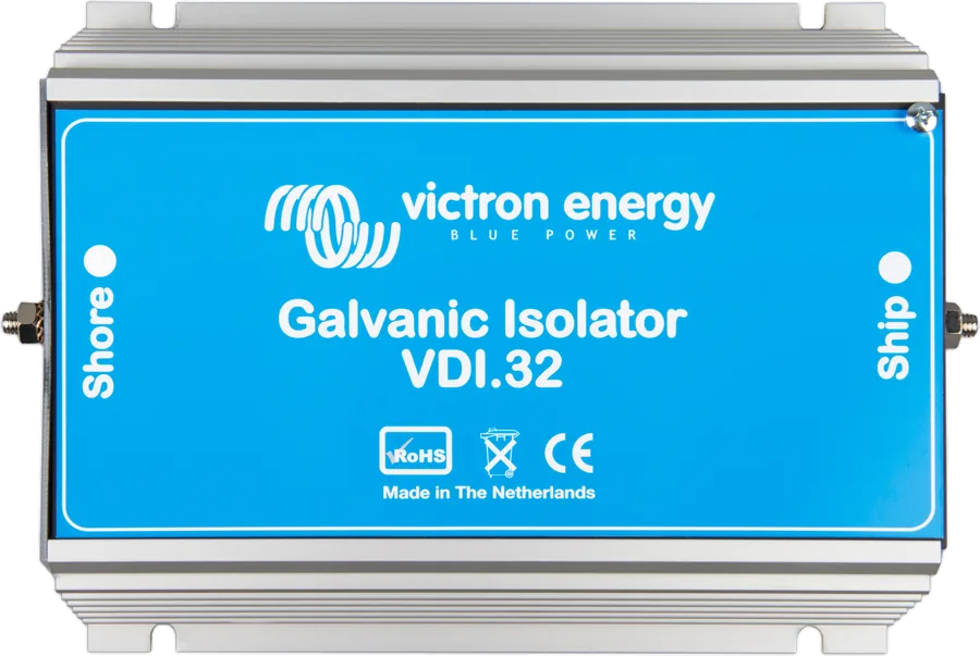 Izolator galwaniczny VDI-32 z góry — oznaczenia Shore i Ship po bokach, śruby przyłączy