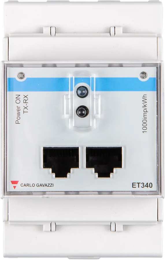Licznik ET340 od przodu — obudowa na szynę DIN, diody Power ON i TX-RX, dwa gniazda RJ45