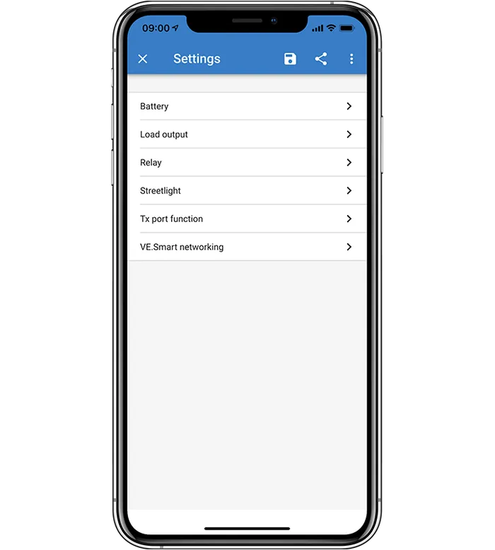 VictronConnect: menu ustawień regulatora