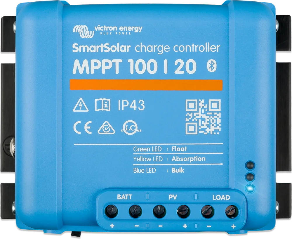 SmartSolar MPPT 100/20 — panel z diodami: Bulk, Absorption, Float