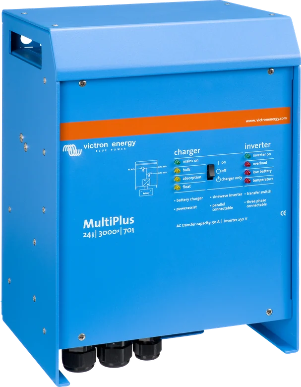 MultiPlus 24|3000|70-50 z prawej strony — dławiki kablowe u dołu obudowy