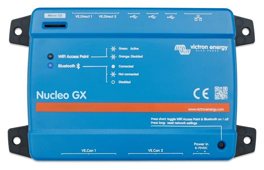 Nucleo GX from above — microSD slot, labels for the VE.Direct, USB and Ethernet ports, WiFi Access Point and Bluetooth LEDs, button above the Power in connector