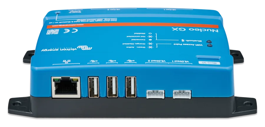 Nucleo GX side view — Ethernet socket, three USB-A ports and two VE.Direct connectors