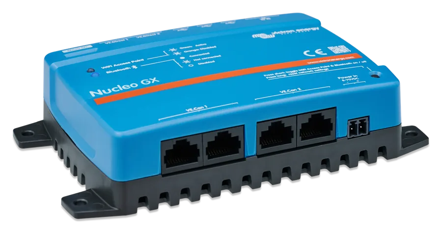 Nucleo GX at an angle from the right — same side with VE.Can 1 and VE.Can 2 sockets and Power in connector