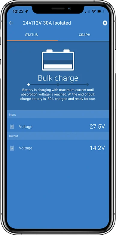 Orion-Tr Smart 24/12-30 w aplikacji VictronConnect — faza Bulk charge, wejście 27,5 V, wyjście 14,2 V