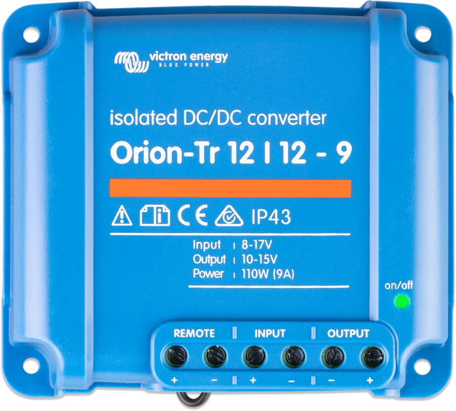 Orion-Tr 12/12-9 izolowany od góry — zaciski REMOTE, INPUT i OUTPUT, dane: wejście 8–17 V, wyjście 10–15 V, 110 W