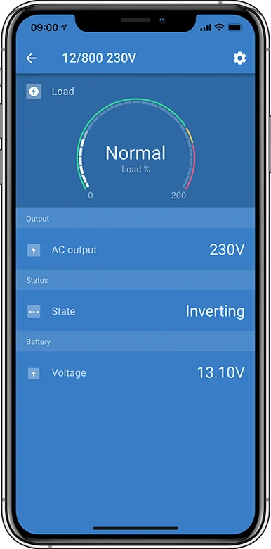 Phoenix Inverter 12/800 w aplikacji VictronConnect — stan Inverting, wyjście 230 V, napięcie baterii 13,10 V