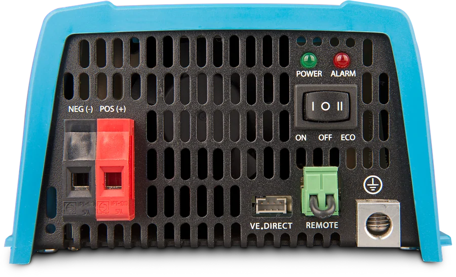 Phoenix Inverter 12|375 VE.Direct — strona zasilania: zaciski DC, przełącznik ON/OFF/ECO, diody POWER i ALARM, porty VE.Direct i remote