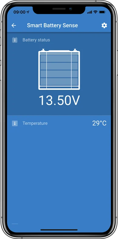 Smart Battery Sense w aplikacji VictronConnect — napięcie baterii 13,50 V i temperatura 29 °C