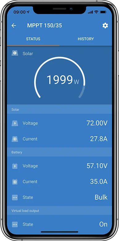 SmartSolar MPPT 150|35 w aplikacji VictronConnect — 1999 W z paneli, 72,00 V i 27,8 A na wejściu, 57,10 V i 35,0 A na baterii