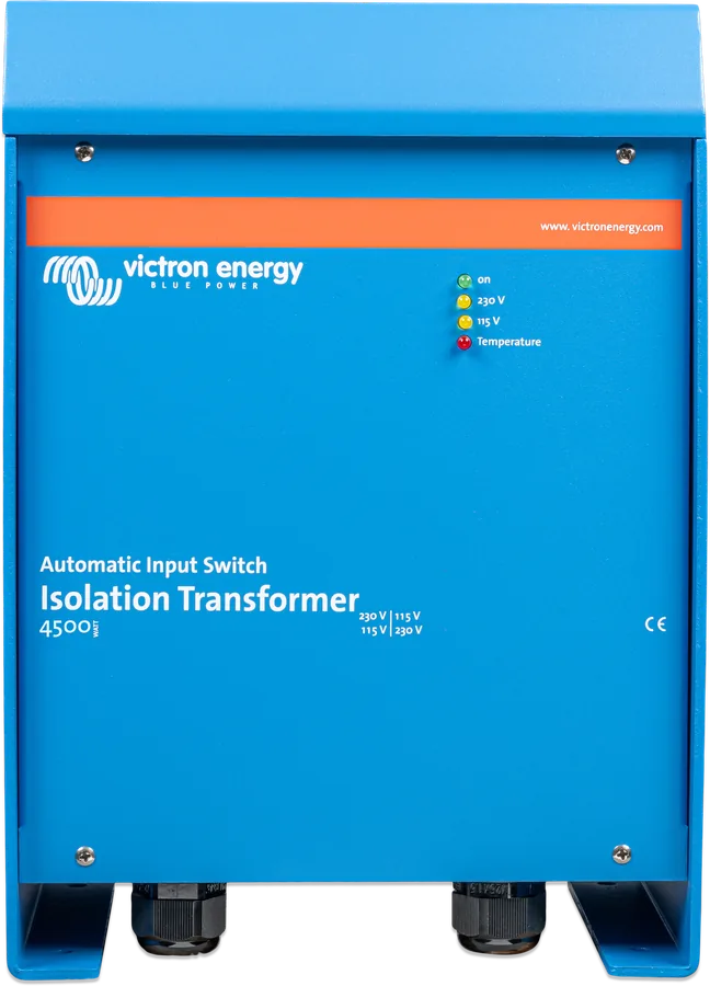Transformator separacyjny 4500 W Auto 115/230 V od przodu — niebieska obudowa z diodami on, 115 V, 230 V i temperatury