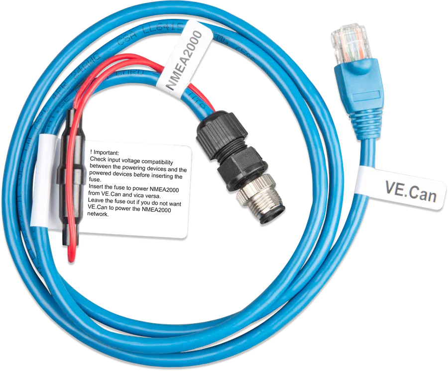 Kabel VE.Can to NMEA 2000 micro-C male — wtyk RJ45 (VE.Can), złącze micro-C (NMEA 2000) i oprawa bezpiecznika z etykietą