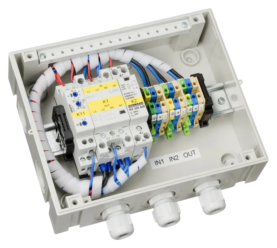 VE Transfer Switch 5 kVA open — timer relay K11, contactors K1 and K2, terminal block labelled IN1 IN2 OUT, three glands
