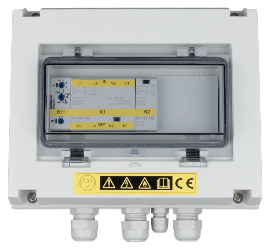 VE Transfer Switch 10 kVA from the front — through the window you can see timer relay K11 and contactors K1 and K2