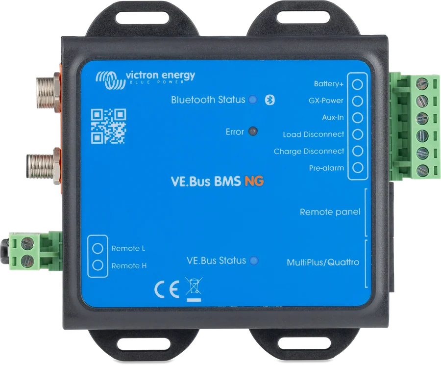 VE.Bus BMS NG — diody Bluetooth Status, GX Power, Aux in, Load Disconnect, Charge Disconnect, Pre-alarm, Error oraz wyjścia Remote L i H