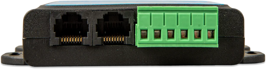 VE.Bus BMS V2 od strony gniazd RJ45 (Remote panel i MultiPlus/Quattro) oraz listwy zaciskowej