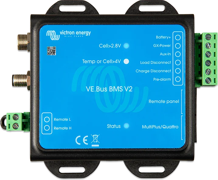 VE.Bus BMS V2 — opisy zacisków: Battery +, Aux in, Load Disconnect, Charge Disconnect, Pre-alarm, Remote L i H oraz diody Cell<2,8 V i Temp lub Cell>4 V