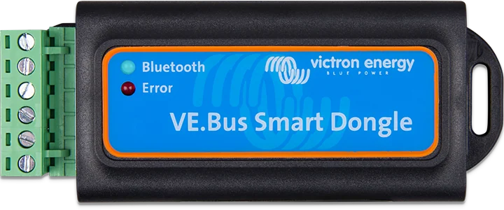 VE.Bus Smart Dongle pod kątem — obudowa z uchwytem na kabel