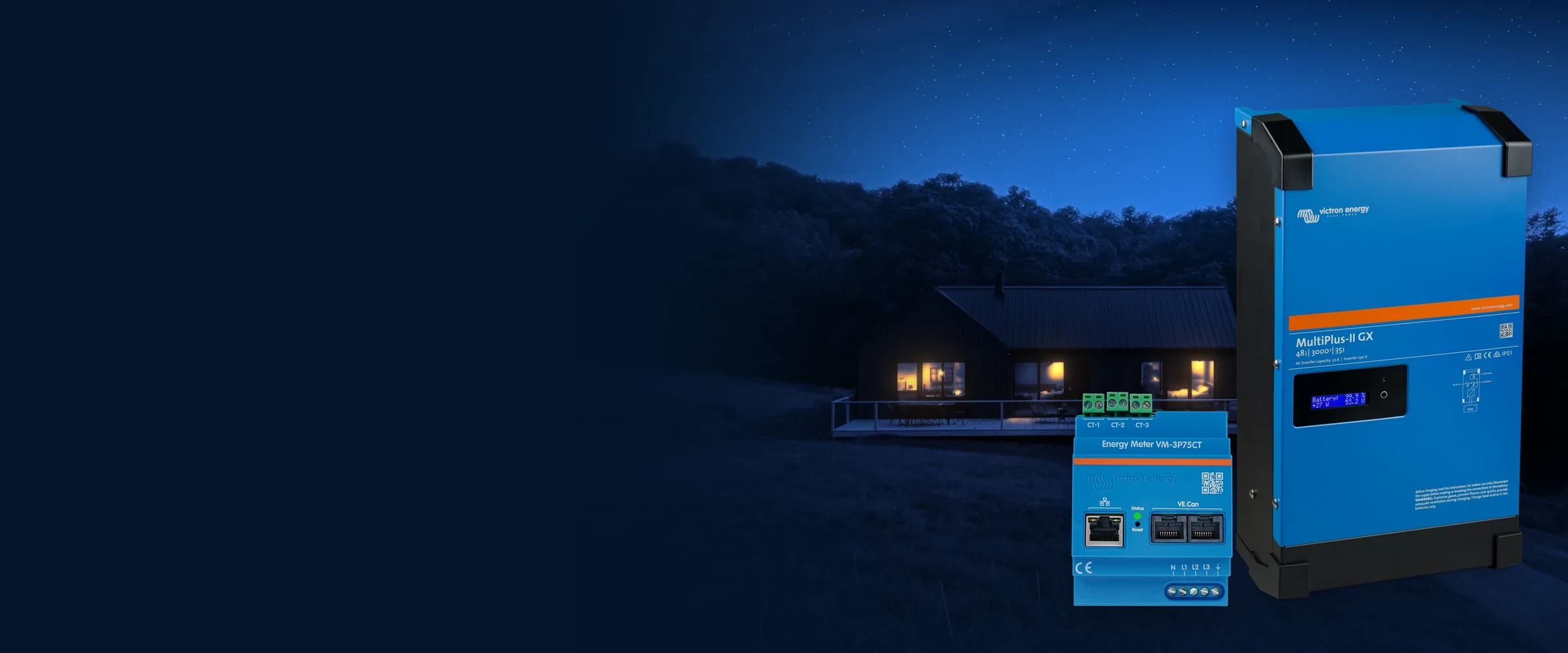 House at night, MultiPlus-II GX 48/3000 and Energy Meter VM-3P75CT — ESS system devices