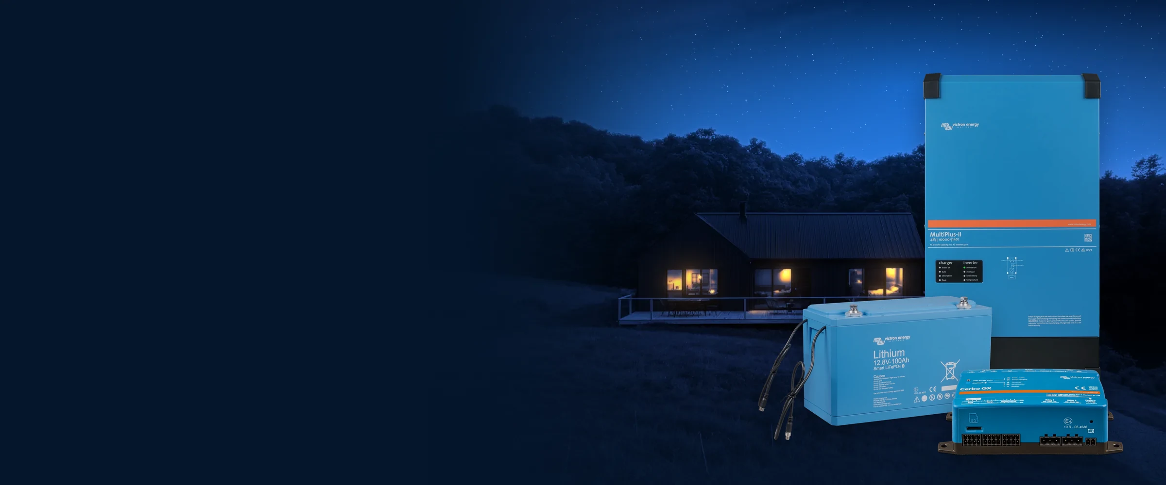 House at night, with a MultiPlus-II, a Smart LiFePO4 battery and Cerbo GX in front